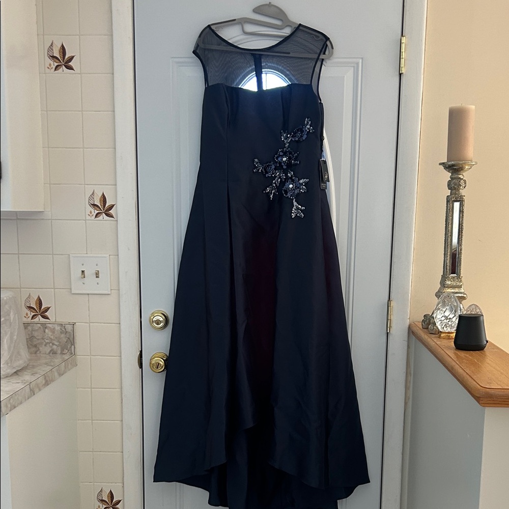 Adrianna Papell Navy High Low Dress with Embellished Floral Design